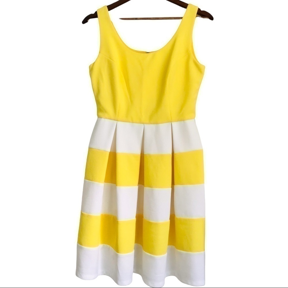 Tiani B Retro Rockabilly Yellow White Striped Pleated Dress Zipper Vintage 4 - Picture 2 of 14
